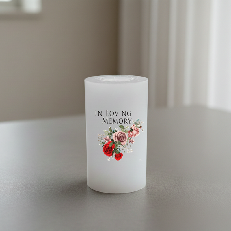 A white candle printed with the words "IN LOVING MEMORY" above a small floral bouquet in red, pink, and green tones.