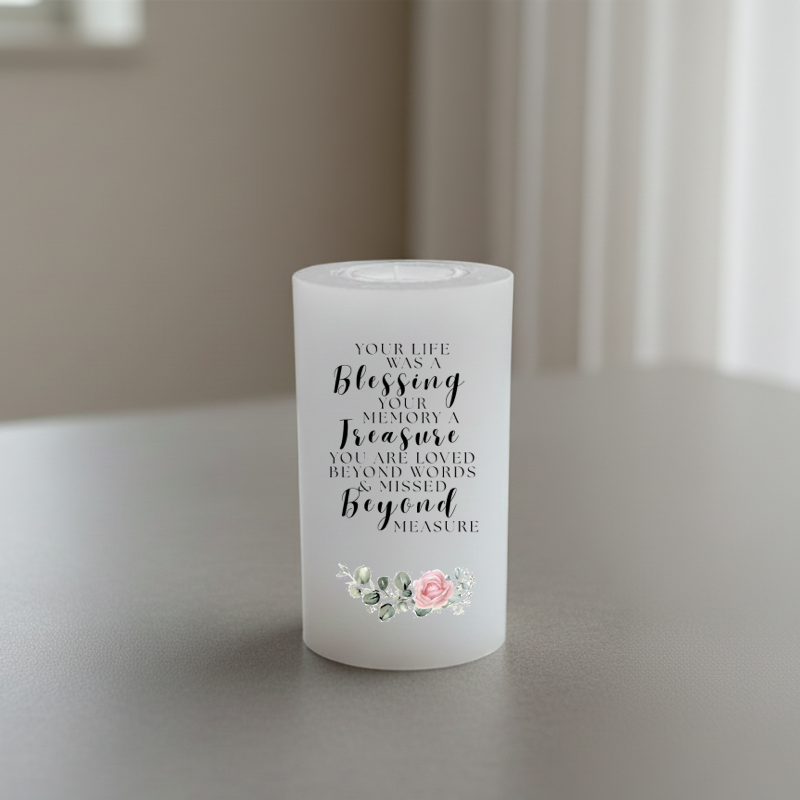 White candle with text