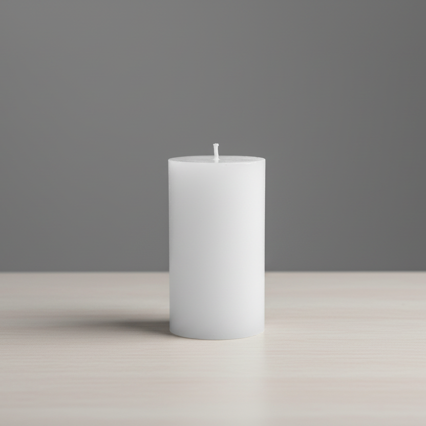 White candle on a surface with grey background