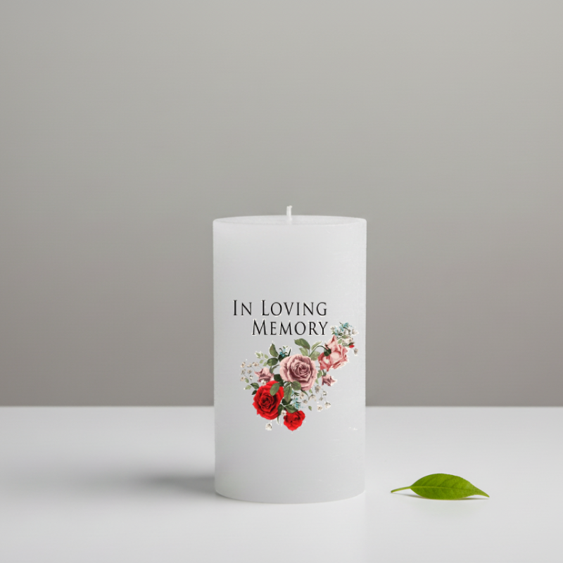 A white candle printed with the words "IN LOVING MEMORY" above a small floral bouquet in red, pink, and green tones.