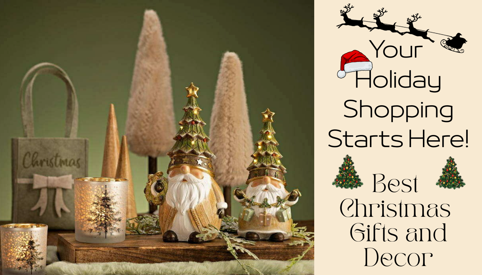 Decorative Christmas scene with trees, candles, and gnomes on a wooden table.