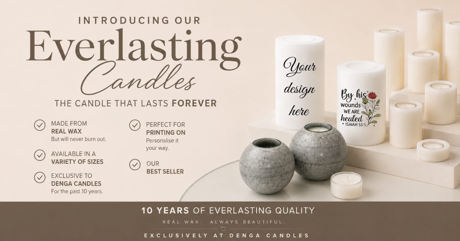 Promotional banner for Everlasting Candles by Denga Candles, showing several white pillar candles, some with printed designs, arranged on a beige surface with a dark brown text banner at the bottom.