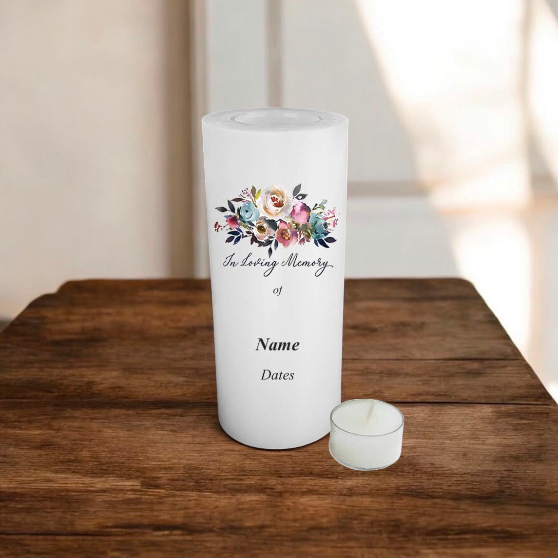 candle with text and flowers print on a wooden table