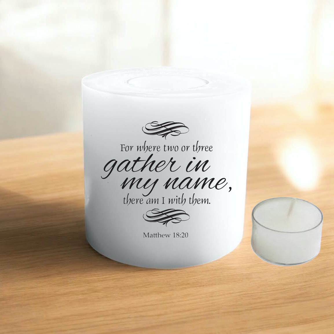white everlasting candle with a text on a wooden table