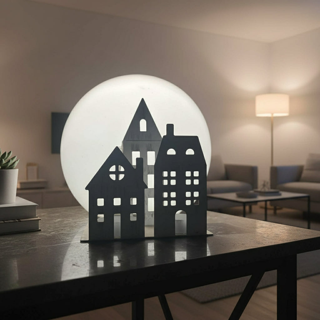 Black silhouette of a house with a full moon in the background