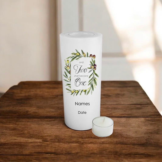 White candle with olives design and union text inside, provided with space to put your Names and Date