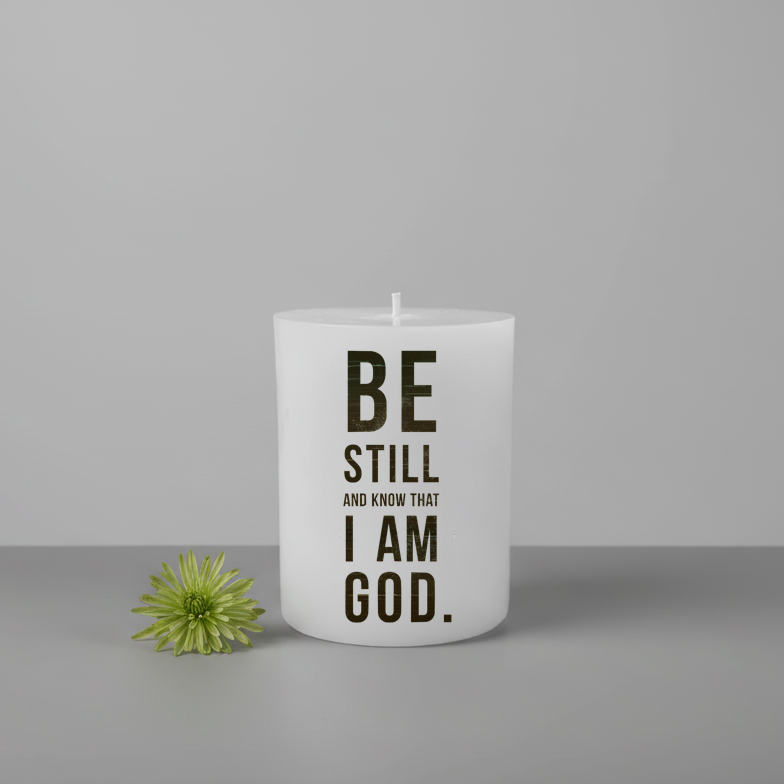 White candle with 'Be Still and Know That I Am God' text next to a green flower on a grey background