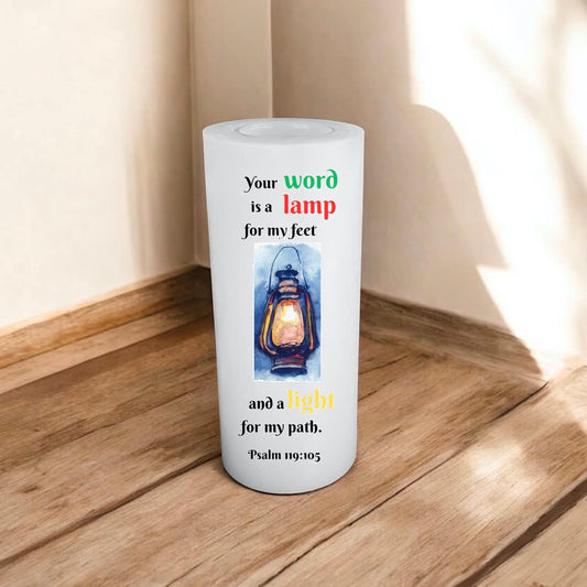 Candle with a lamp illustration and text on a wooden surface