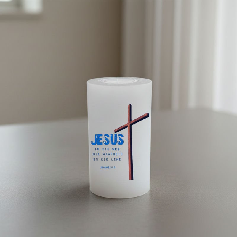 Printed Candle 8x14cm - "Jesus Is Die Weg"