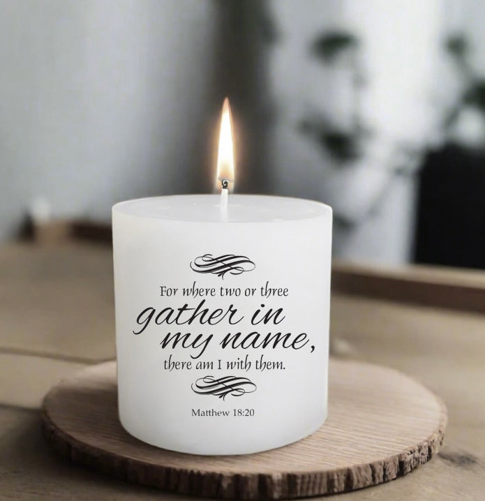 Flattop white pillar candle with a quote on a wooden coaster