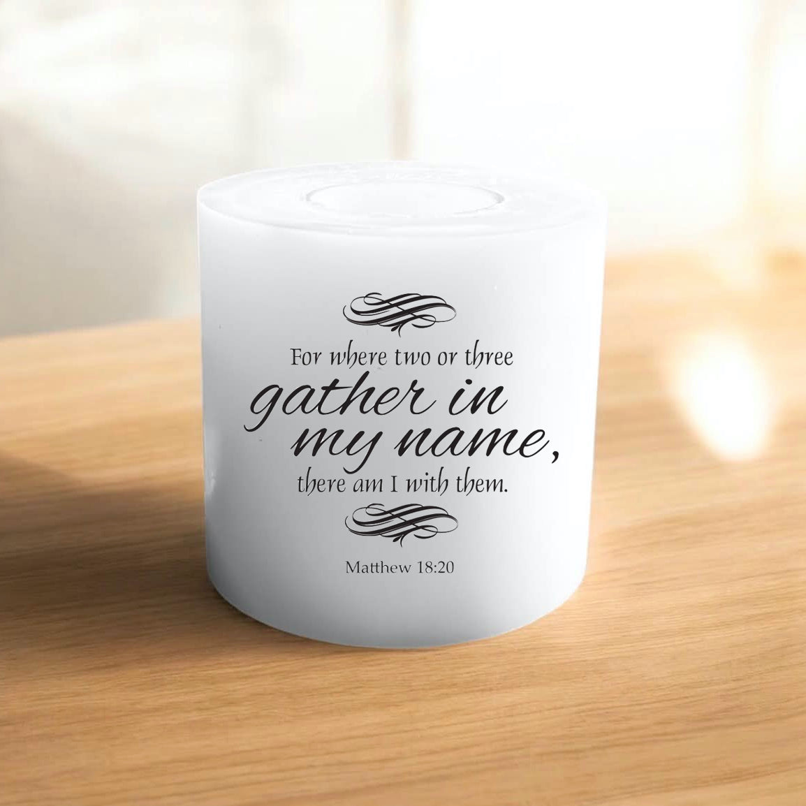 white everlasting candle with a text on a wooden table