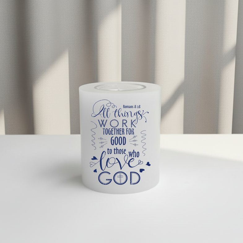 Printed Candle 8x10cm - "Romans 8:28"
