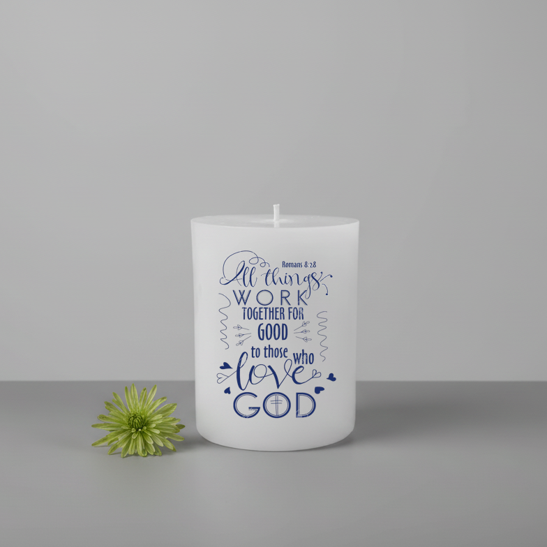Printed Candle 8x10cm - "Romans 8:28"