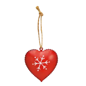 Red heart-shaped ornament with a white snowflake design on a white background