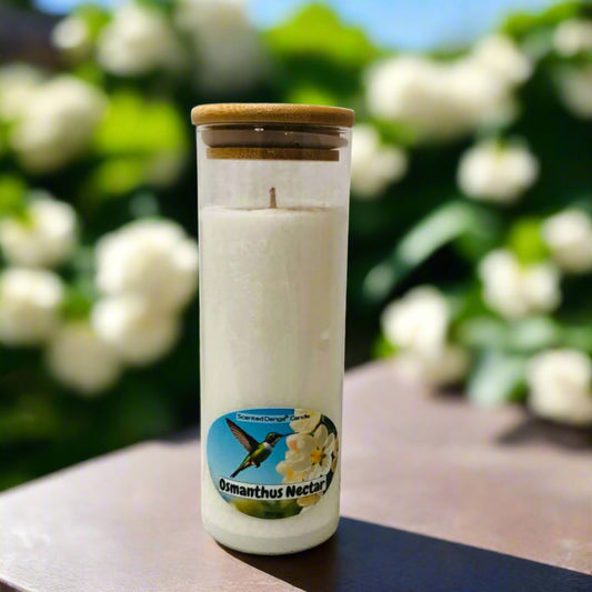 Scented Denga Candle in a glass jar with a bamboo lid with label osmanthus nectar