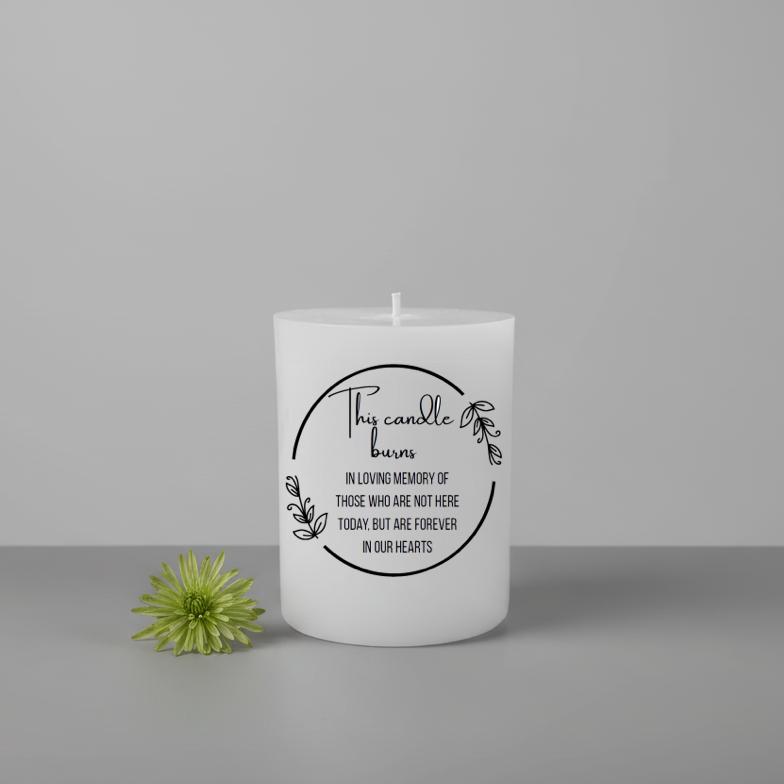 White printed candle with a message on a grey background