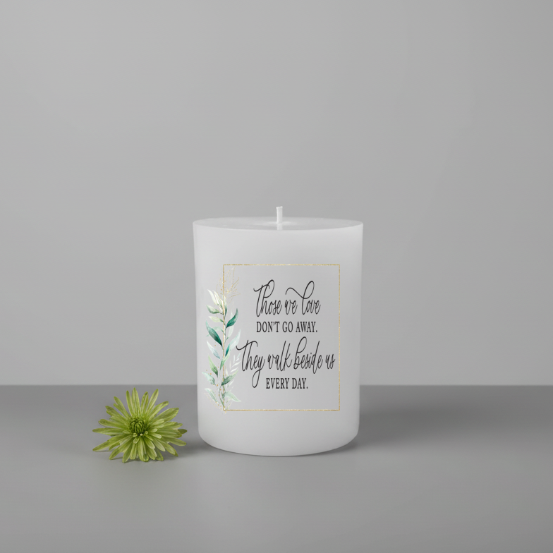  Printed  White candle with text and floral design on a grey background