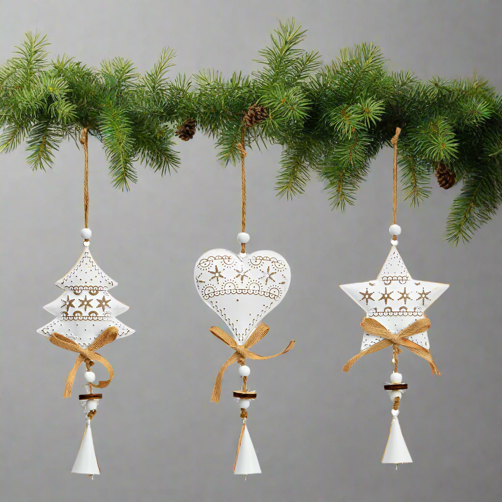 Three decorative hanging ornaments shaped like a tree, heart, and star with bells and ribbons 