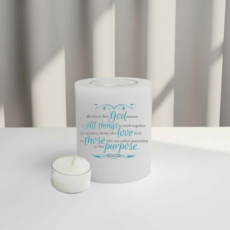 Everlasting candle with blue text on a white surface 