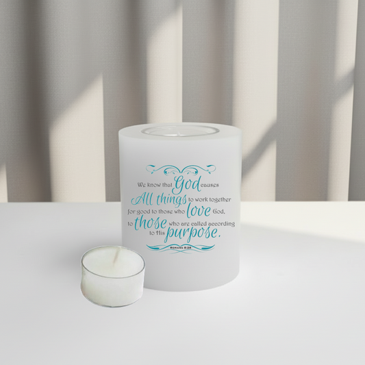 Everlasting candle with blue text on a white surface 