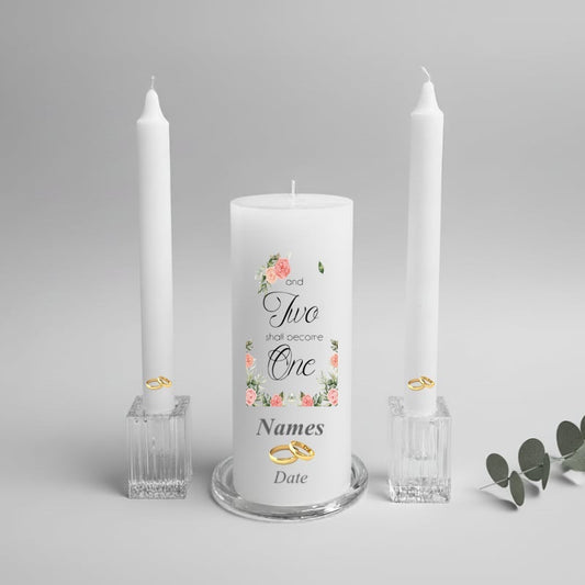 Personalized wedding candle with floral design and text on a gray background