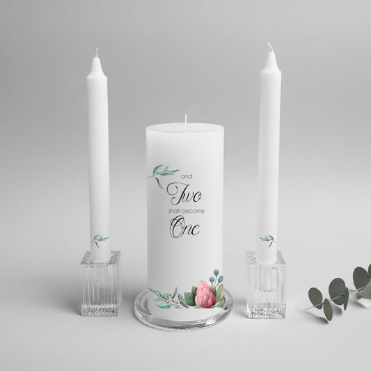 Wedding unity candle set with floral design and text on a gray background