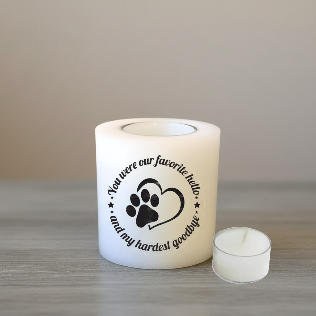 White everlasting denga candle with text and paw print design on a wooden surface