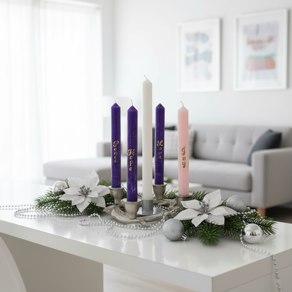 Decorative table setting with 5 advent candles purple pink and white on an silver antler holder and greenery in a living room.