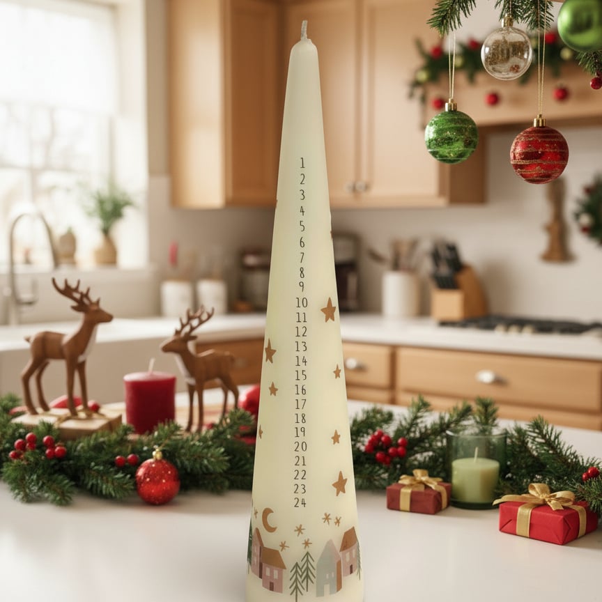 advent candle in a cone shape on a kitchen table with christmas decoration