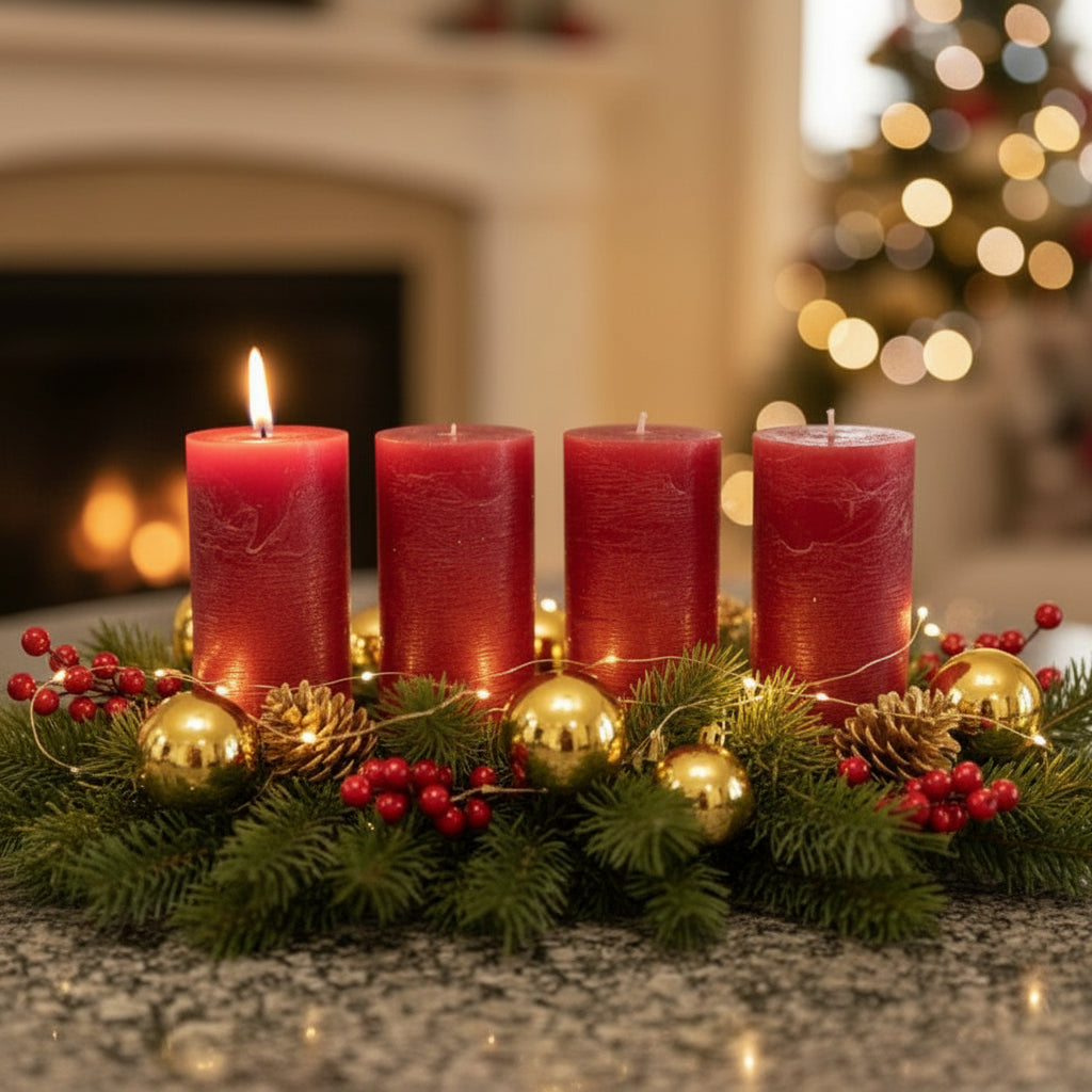 Decorative Advent wreath with red candles, gold ornaments, and greenery in front of a fireplace and Christmas tree.