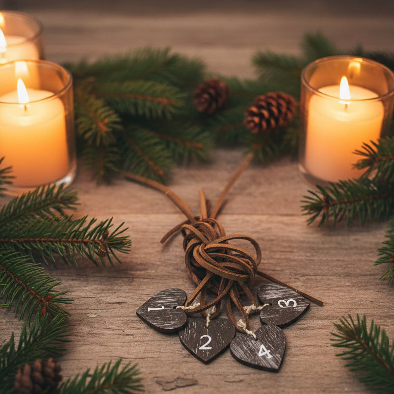 Wooden heart-shaped numbers 1-4 advent attached to a leather string on a wooden table with candles and fir branches around