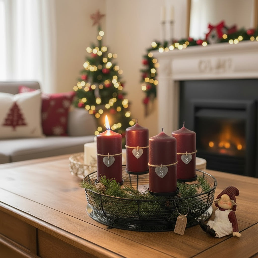 Decorative advent candle setup with burgundy candles, greenery, and a christmas elf n a wooden table with a christmas tree and fireplace behind