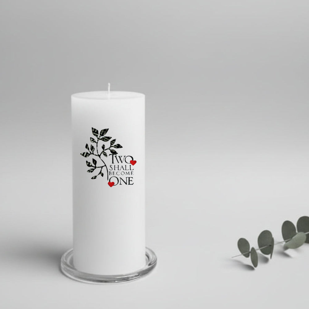 White wedding candle with black design and text on a gray background