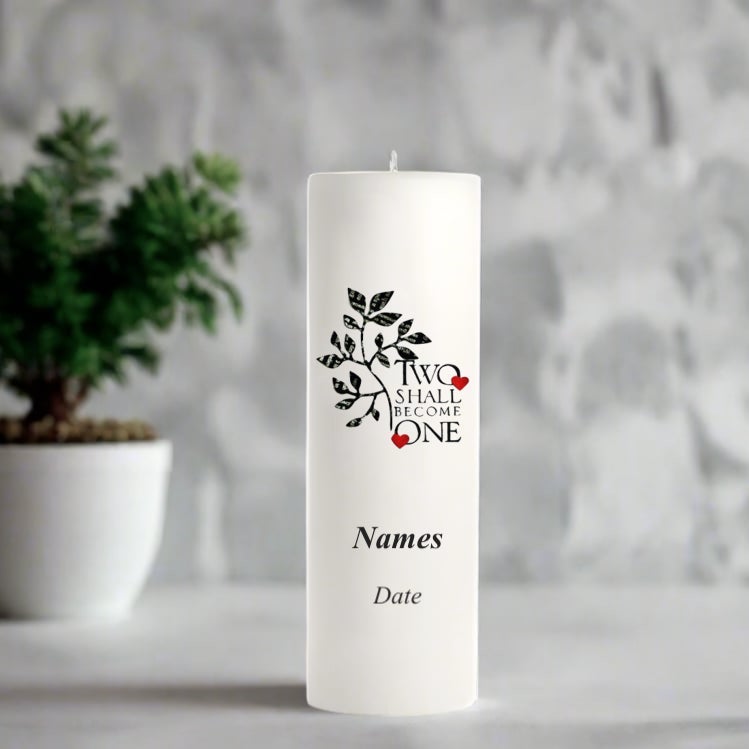 White wedding candle with text and black leaves design 
