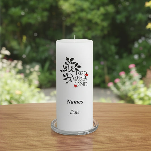 White wedding candle with black text and design on a gray background