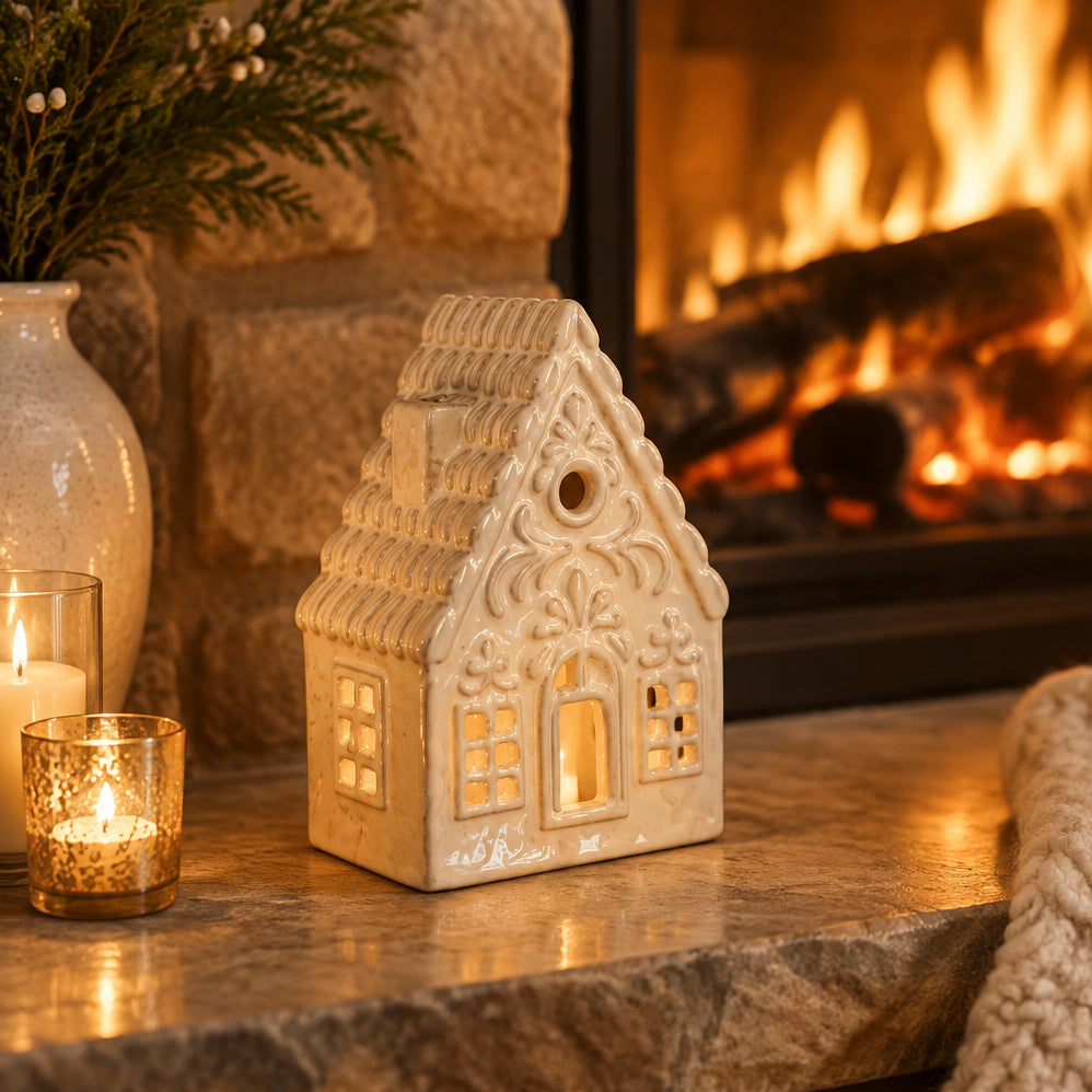 A cream ceramic house on top of a fire heath