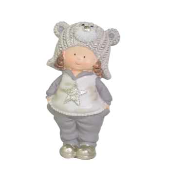 Figure of a child wearing a gray outfit with a star on a white background