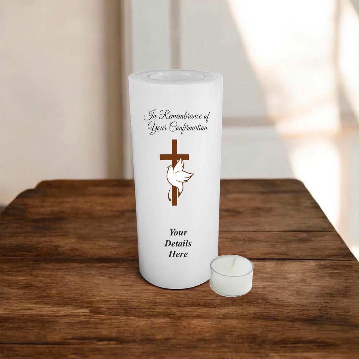 Personalised candle with religious design on a wooden surface