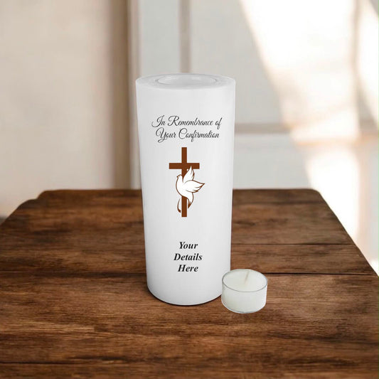 Personalised candle with religious design on a wooden surface