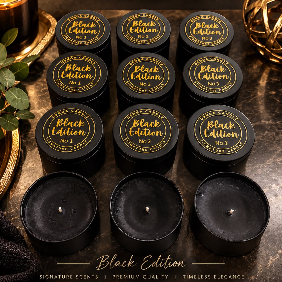 Signature candles in a black tin
