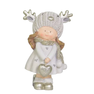 Decorative figurine of a girl in winter clothing with a heart, on a white background
