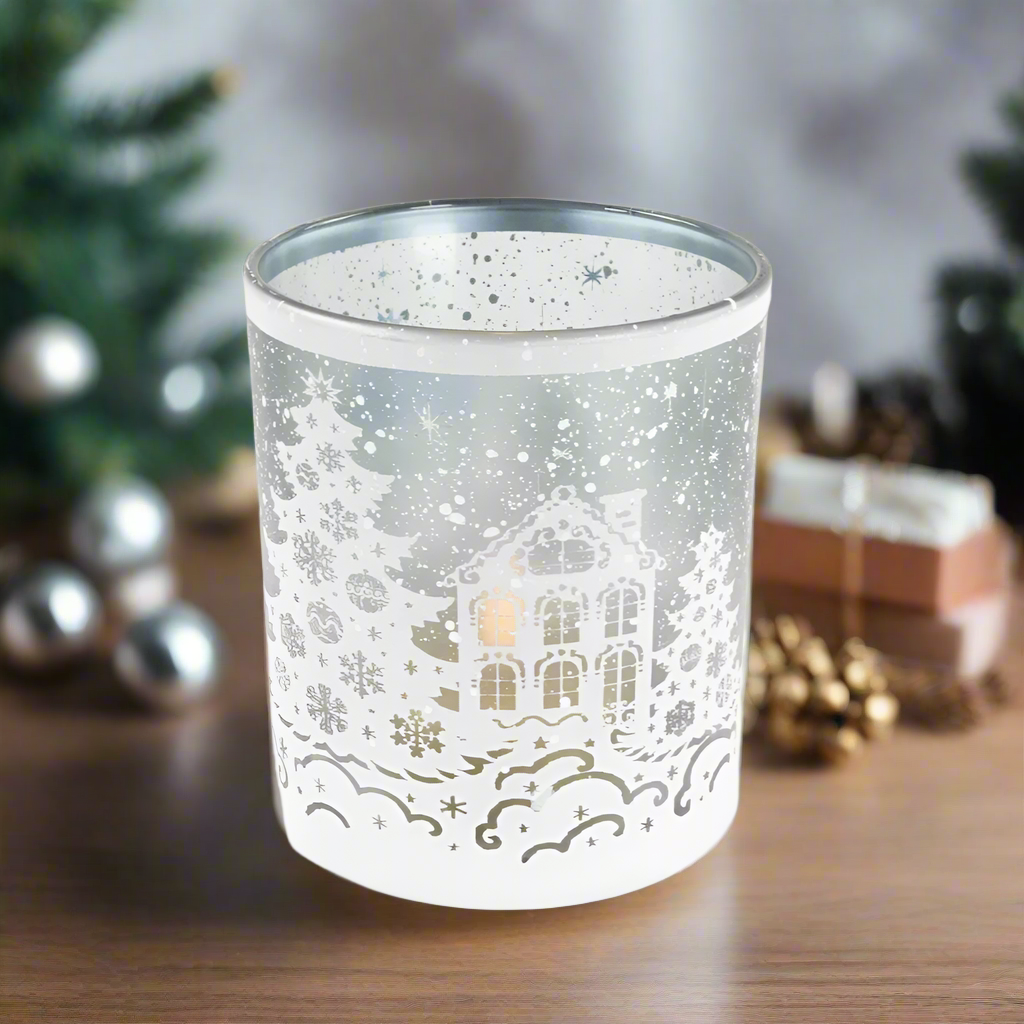Decorative glass candle holder with winter village 