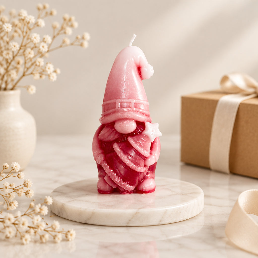 A Christmas gnome candle holding a tree
