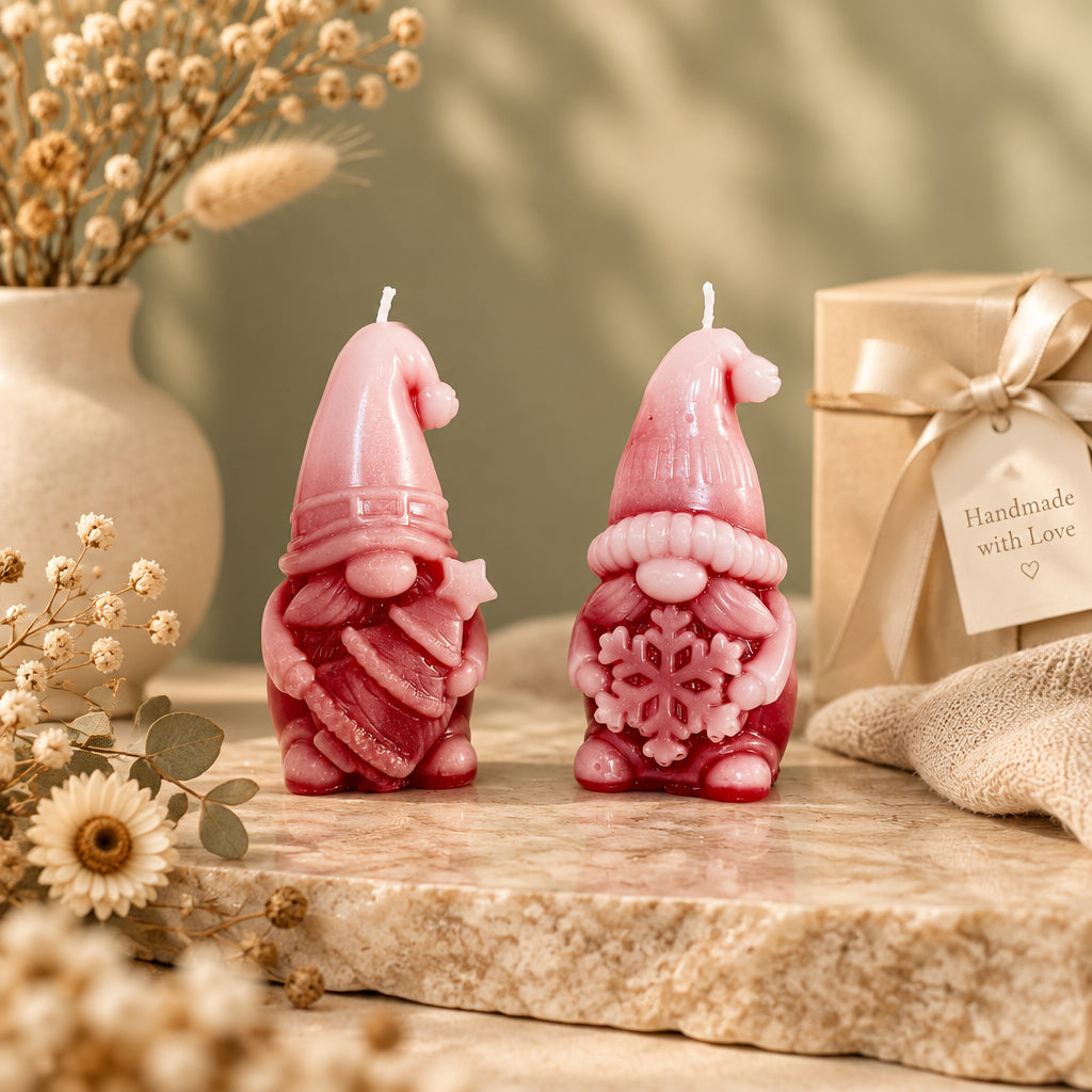 2 gnome christmas candles in red color on a granite surface