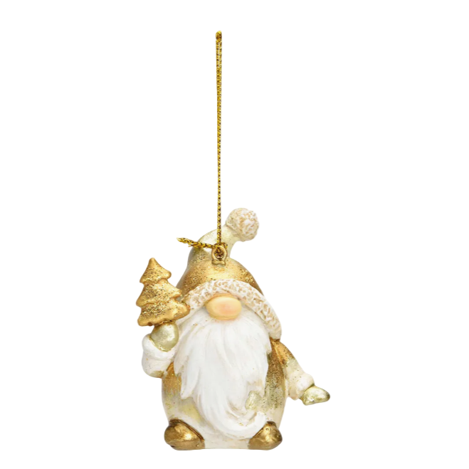 Decorative gnome ornament with a tree and glitter on a white background