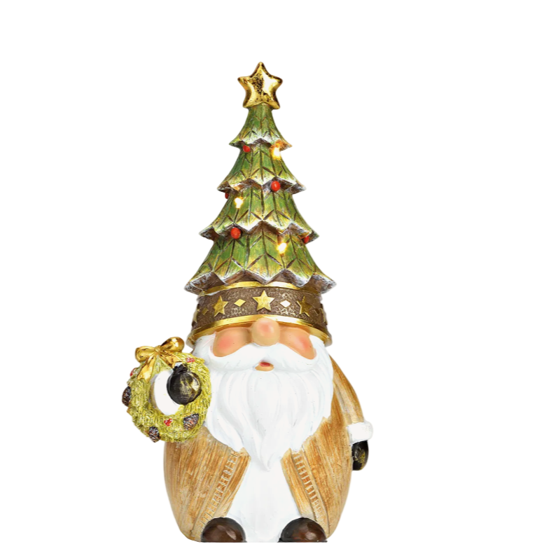 Decorative figure of a gnome with a Christmas tree hat with LEDs and wreath on a white background
