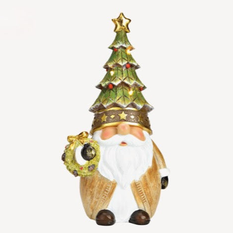 Decorative gnome with a Christmas tree hat with LEDs and wreath on a white background