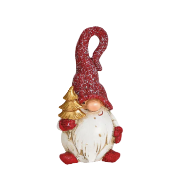 Decorative gnome with red hat and gold tree on a white background