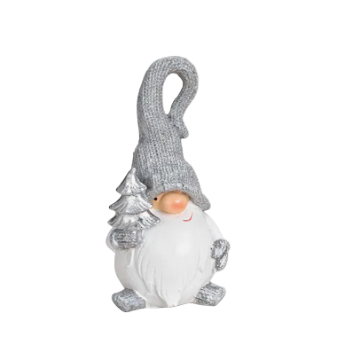 Small decorative gnome with a grey pointed hat and a tree on a white background