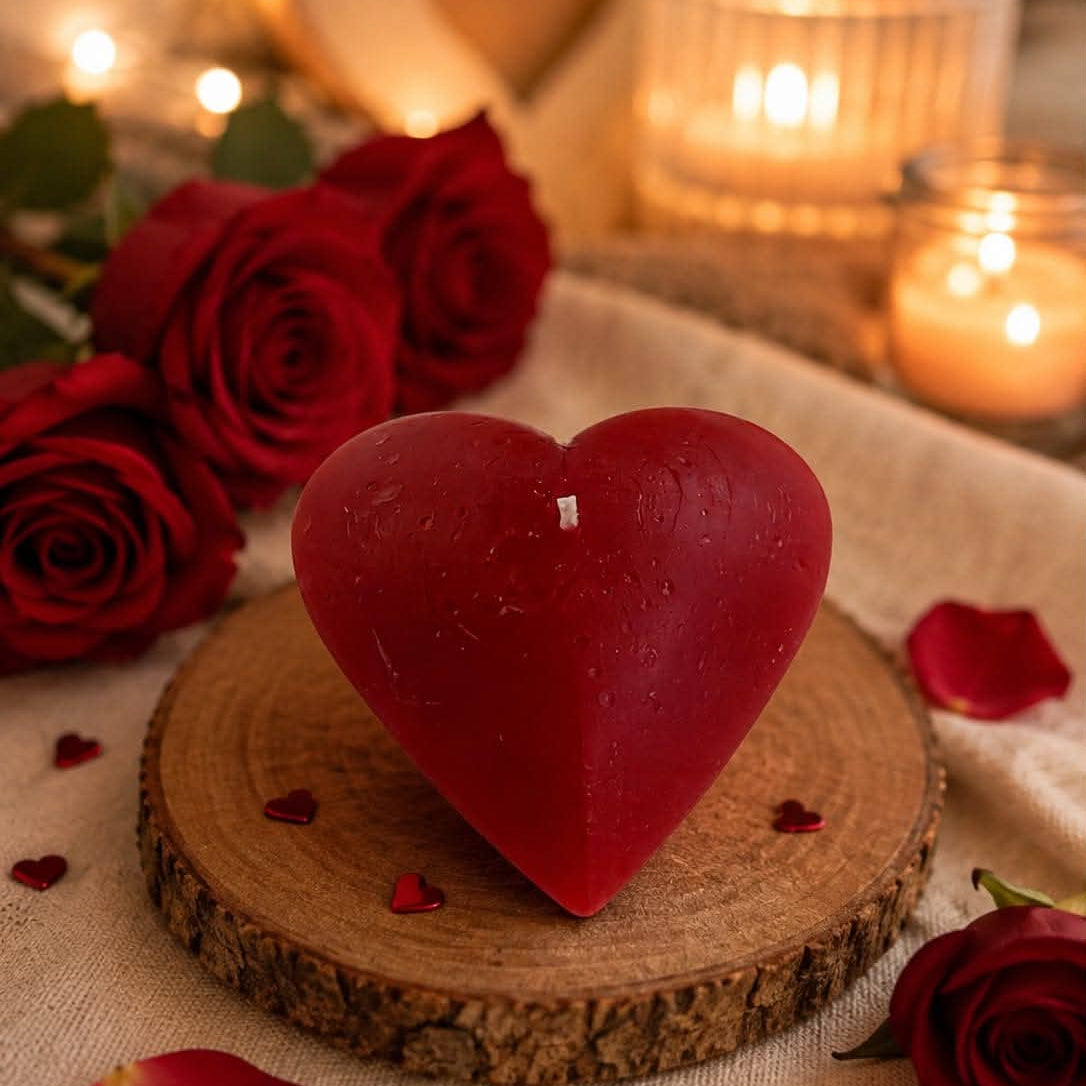 A heart-shaped red candle displayed on a rustic wooden slice coaster, surrounded by red roses, rose petals, and warm glowing candles in the background.